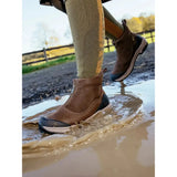 Brown suede lemieux traxion zip boots with black rubber toe cap white midsole zipper and stirrup-friendly heel