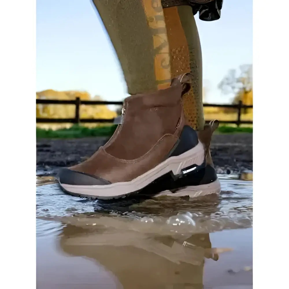 Brown lemieux traxion zip waterproof suede riding boot with rubber sole and stirrup-friendly heel accents