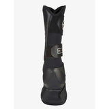 Black lemieux turnout boots with padded antibacterial ventilated neoprene and velcro strap featuring subtle logo on side