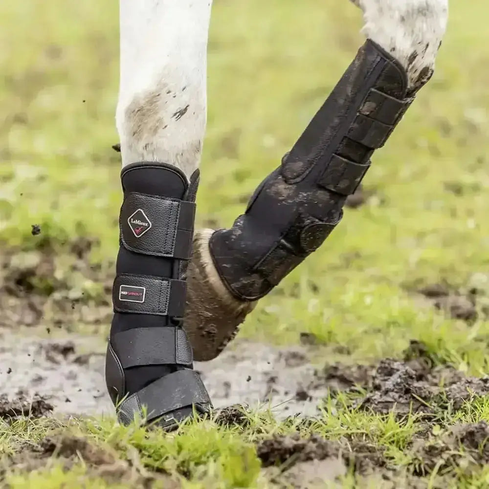 Black leather lemieux turnout boots with multiple adjustable straps and antibacterial ventilated neoprene lining