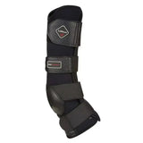 Black lemieux turnout boots with padded antibacterial ventilated neoprene straps and textured leather-like patch