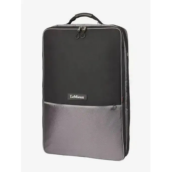 Black and gray lemieux twin bridle bag with mesh lower compartment for organized bridle storage in black