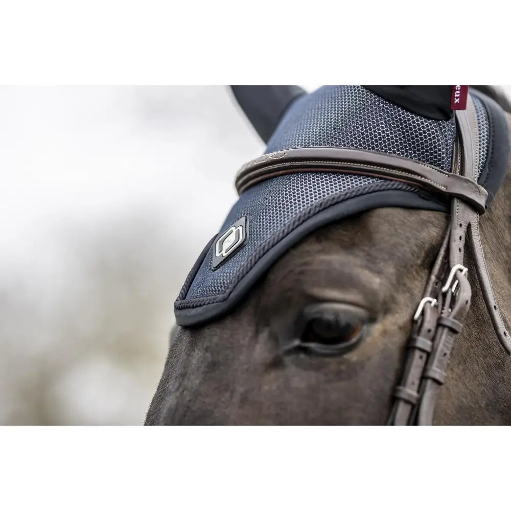 Black mesh lemieux ultra mesh fly hood dark navy with subtle logo patch and brown leather straps for horses