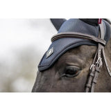 Black mesh lemieux ultra mesh fly hood dark navy with subtle logo patch and brown leather straps for horses