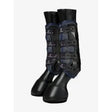 Front view of black and navy blue lemieux ultra mesh snug boots with adjustable straps and high compression factor