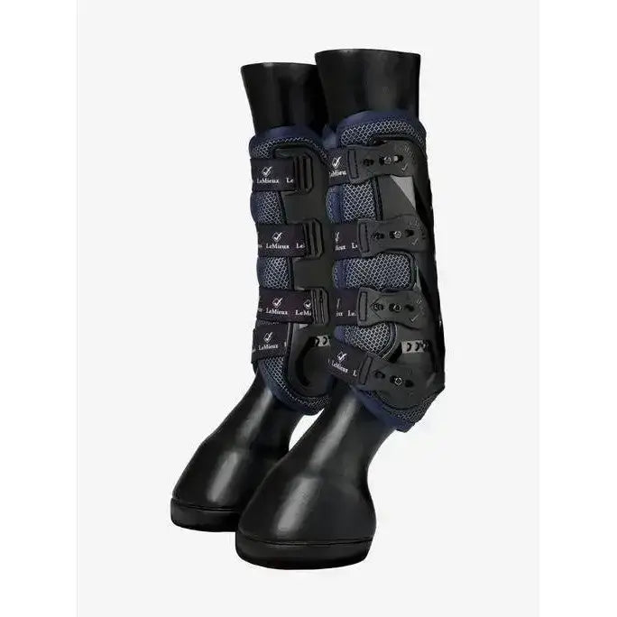 Front view of black and navy blue lemieux ultra mesh snug boots with adjustable straps and high compression factor