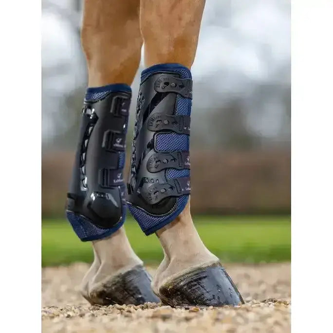Blue and black lemieux ultra mesh snug boots front with adjustable straps and high compression factor for protection
