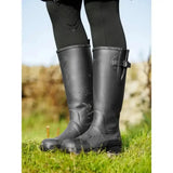 Black rubber lemieux ultra stride wellington boots with side buckle and embossed logo for riding use