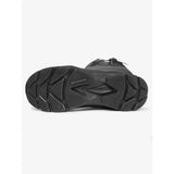 Black rubber sole of lemieux ultra stride wellington boots with geometric tread and arrow design for grip and durability