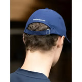 Back of navy lemieux union jack baseball cap with white embroidered website and metal slide adjuster