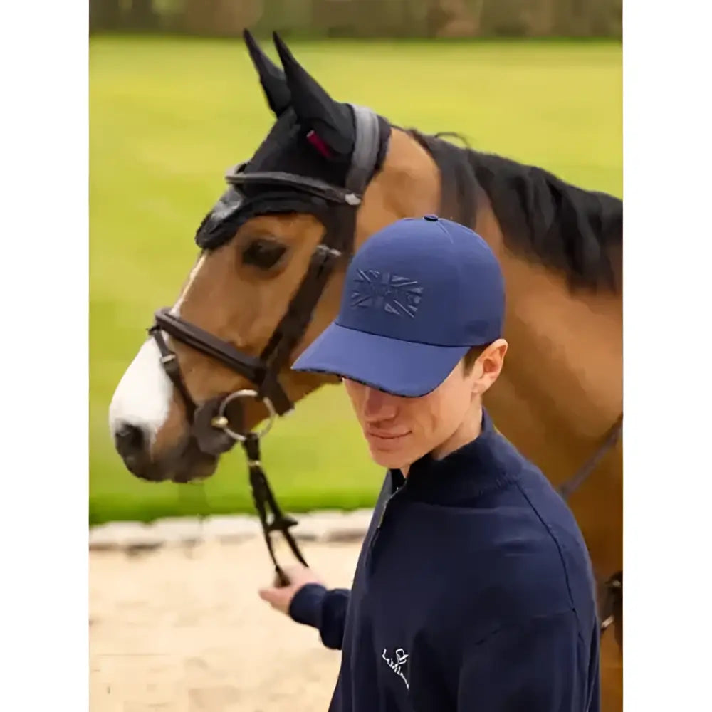 Blue lemieux union jack baseball cap with metal slide adjuster and embroidered union jack flag design