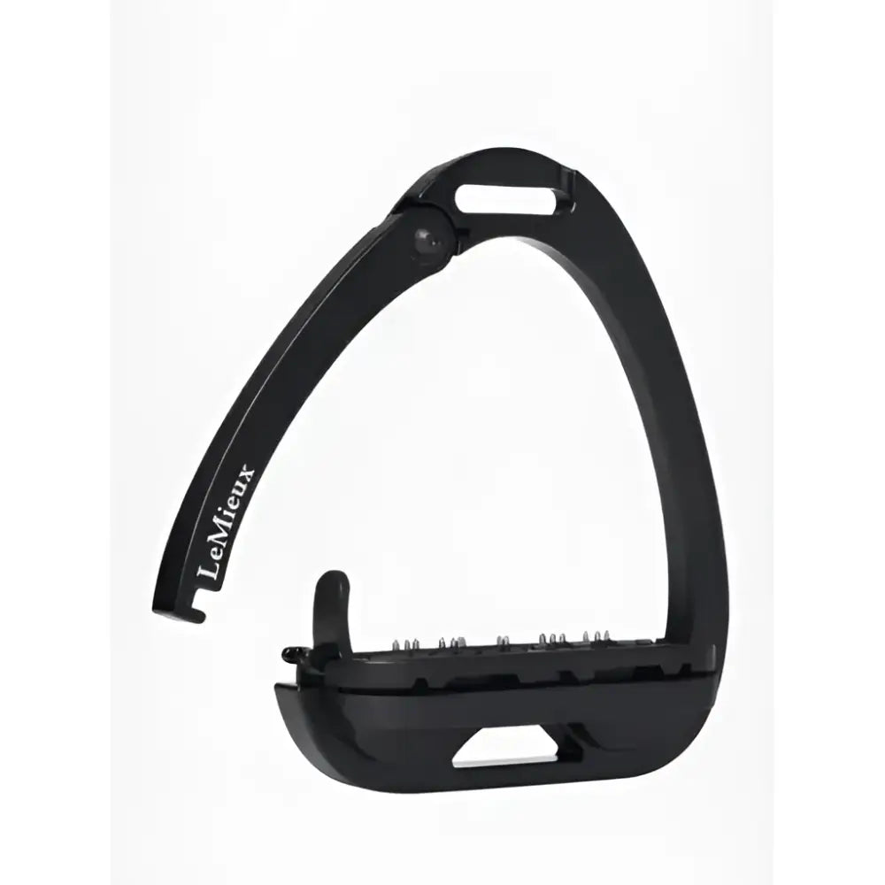 Black lemieux vector balance stirrup with aviation grade aluminium, adjustable pins, and impressive strength-to-weight ratio