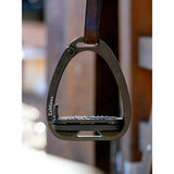 Black lemieux vector balance stirrup made from aviation grade aluminium with brown leather strap for strong lightweight use