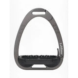 Dark gray metal lemieux vector balance stirrup with black rubber footplate and embossed lemieux branding