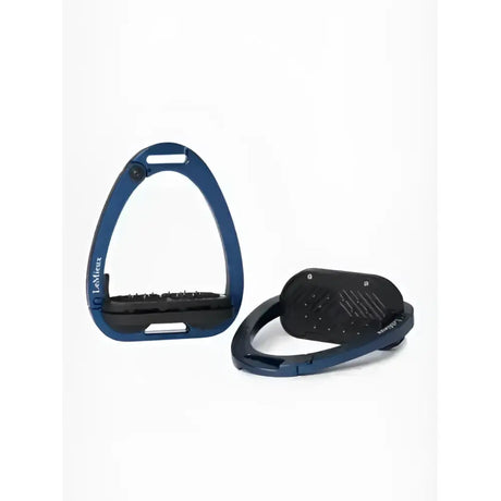 Blue metallic lemieux vector balance stirrup made from aviation grade aluminium with black rubber grip pad