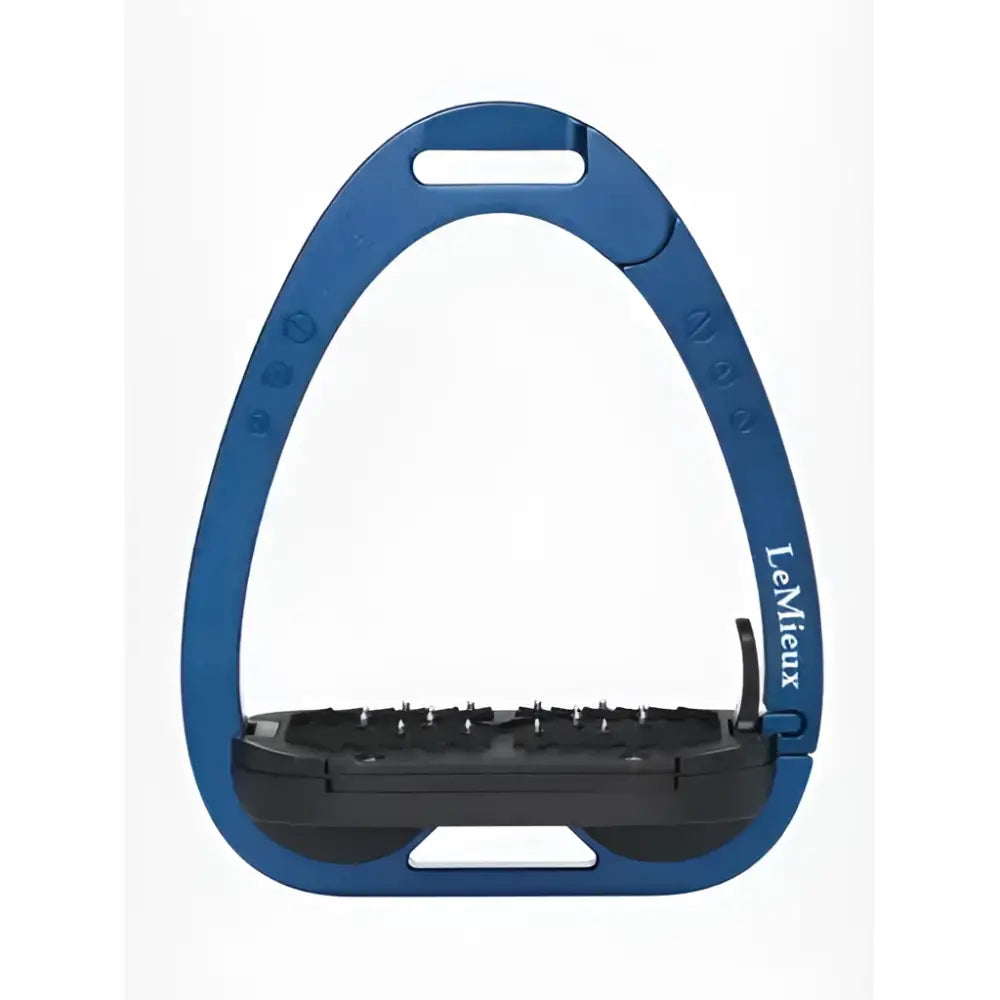 Blue and black lemieux vector balance stirrup with aviation grade aluminium frame and rubberized footbed for impressive strength-to-weight ratio