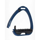 Blue metallic lemieux vector balance stirrup with black rubber sole and adjustable heel strap made from aviation grade aluminium