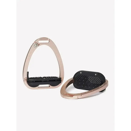 Lemieux vector balance stirrup in rose gold metal with black rubber grip and textured surface for stable riding
