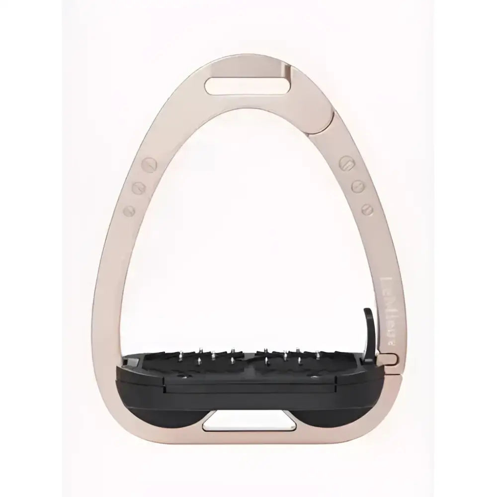 Silver lemieux vector balance stirrup with black rubber footbed and adjustable screw holes in stirrup rose gold style