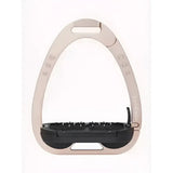 Silver lemieux vector balance stirrup with black rubber footbed and adjustable screw holes in stirrup rose gold style