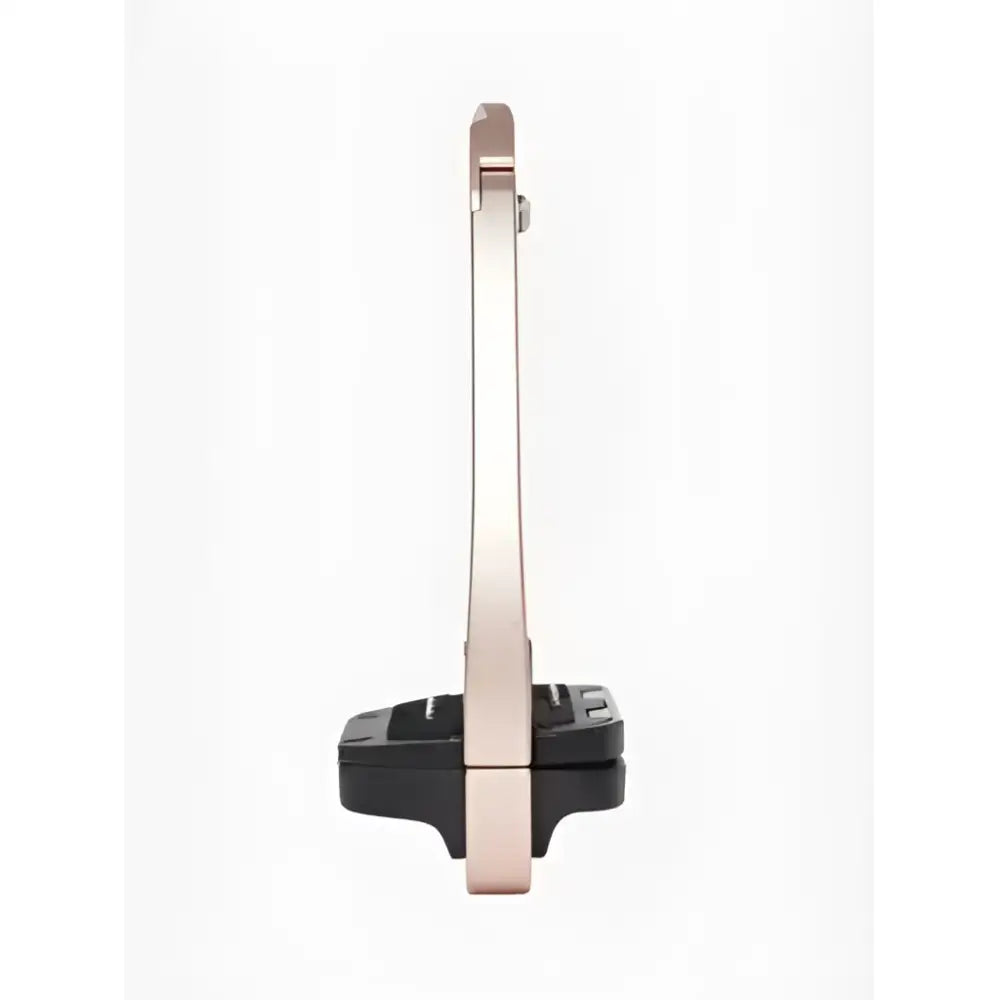 Silver metallic horsebit on black rubber base of lemieux vector balance stirrup rose gold for secure footing