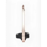 Silver metallic horsebit on black rubber base of lemieux vector balance stirrup rose gold for secure footing