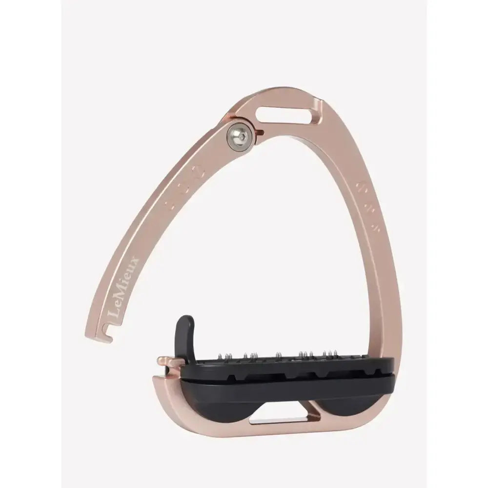 Rose gold lemieux vector balance stirrup with black rubber footpad and adjustable metal hardware for riding