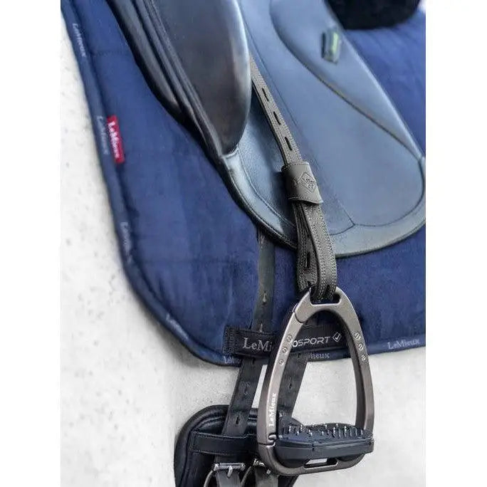 Black lemieux vector close contact stirrup with textured grip and metallic hardware for secure riding grip