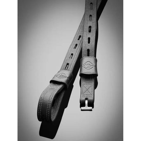 Black leather rifle sling with stitched detailing and metal buckle from lemieux vector close contact stirrup leather