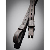 Dark gray leather lemieux vector close contact stirrup leather strap with stitched detailing and metal buckle