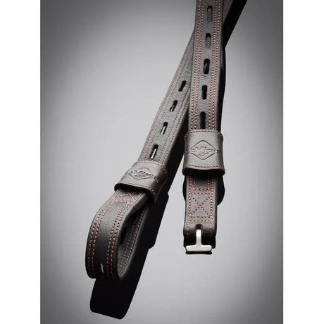 Dark gray leather lemieux vector close contact stirrup leather strap with stitched detailing and metal buckle