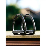 Black lemieux vector control stirrups with sleek design textured rubber footplates made of aviation grade aluminium