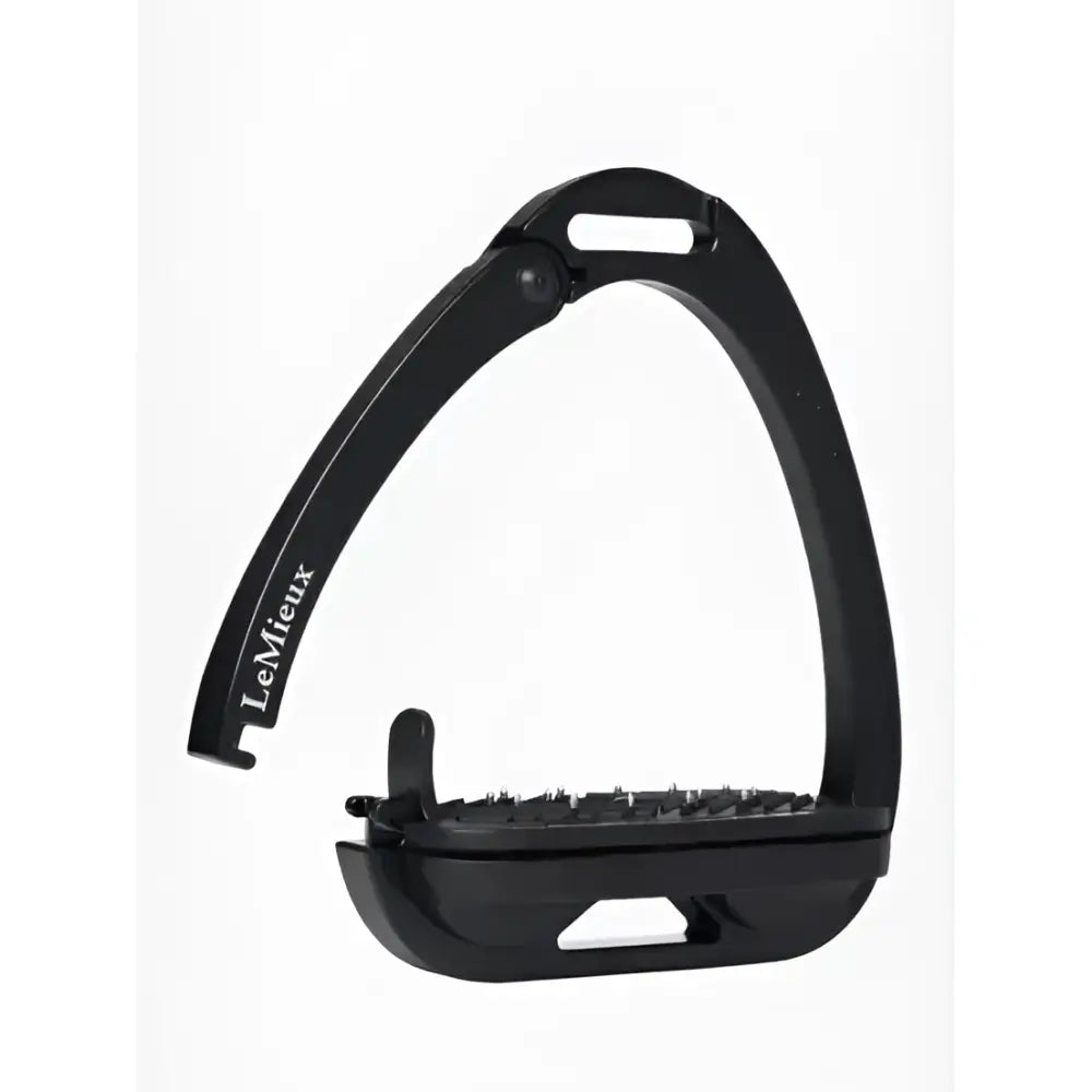Black lemieux vector control stirrup with aviation grade aluminium frame, textured rubber sole, and adjustable strap