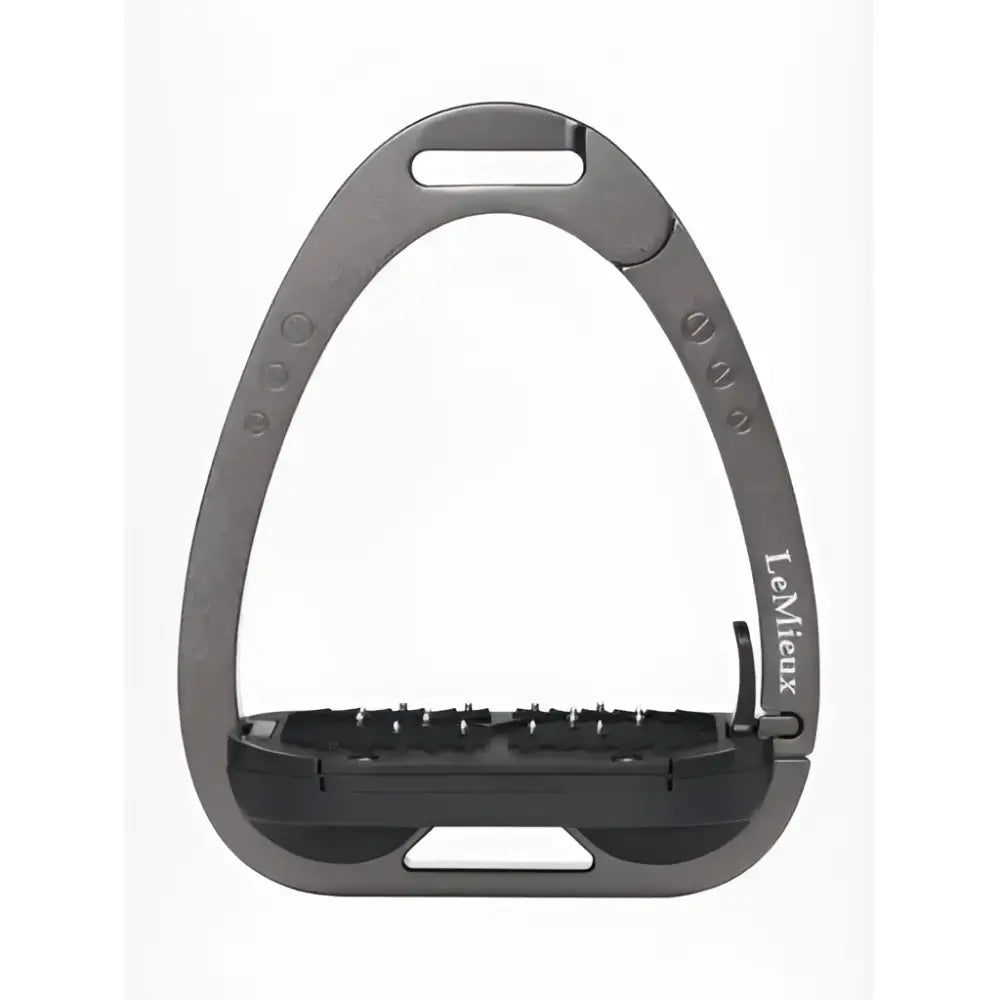 Dark gray lemieux vector control stirrup made of aviation grade aluminium with black rubber footplate and embossed branding