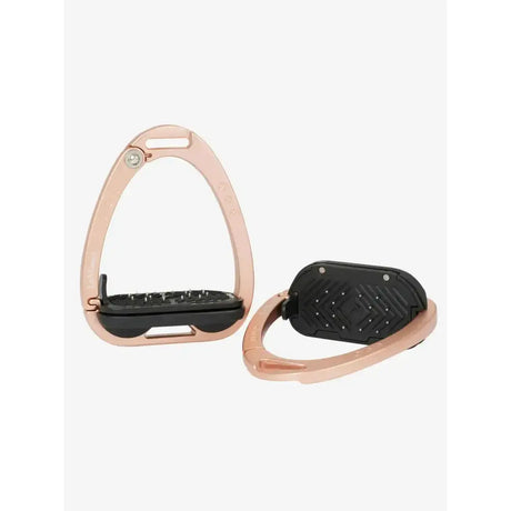 Lemieux vector control stirrup in rose gold with black rubber footpad and textured grip made from aviation grade aluminium