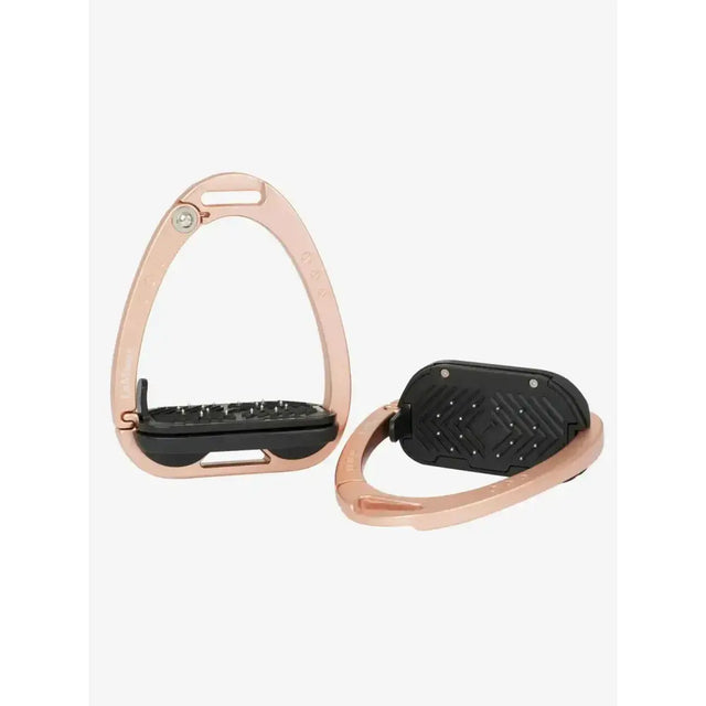 Lemieux vector control stirrup in rose gold with black rubber footpad and textured grip made from aviation grade aluminium