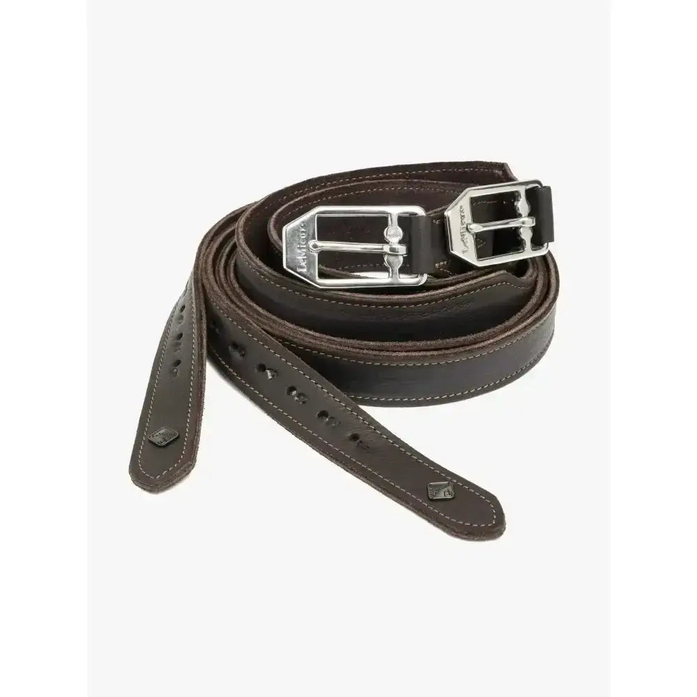 Dark brown leather lemieux vector pro stirrup leather with silver-toned buckle and matching stitching