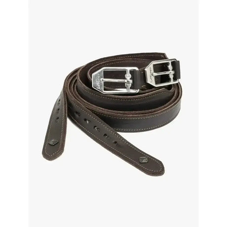 Dark brown leather lemieux vector pro stirrup leather with silver-toned buckle and matching stitching