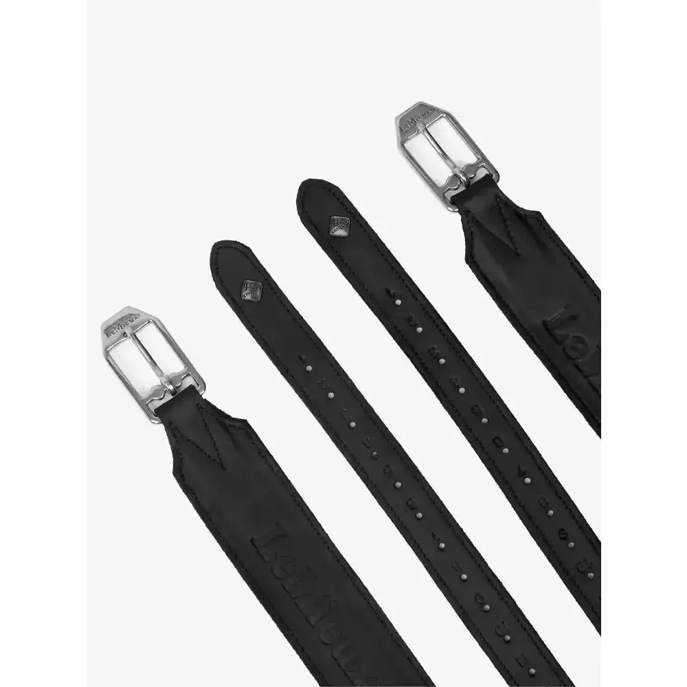 Black leather lemieux vector pro stirrup leather straps with silver buckles and subtle embossed branding