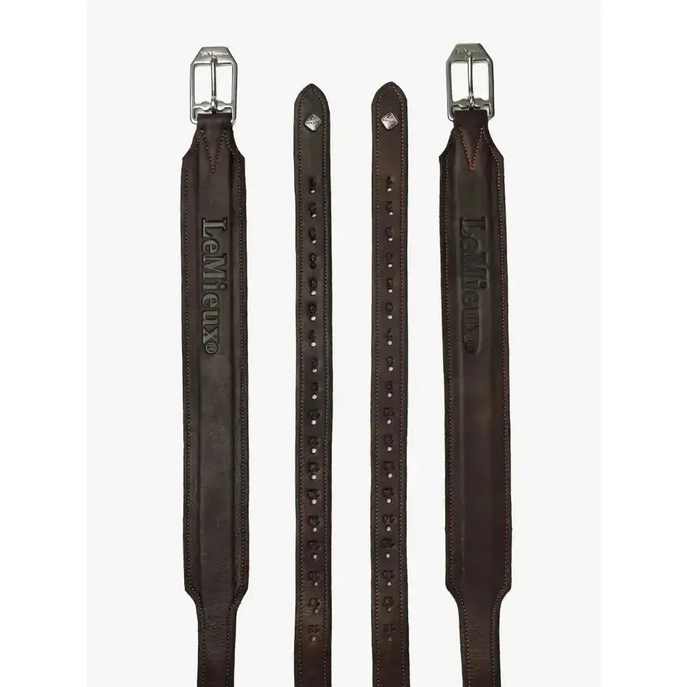 Dark brown leather lemieux vector pro stirrup leather with silver buckles and embossed lemieux branding