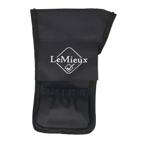 Black lemieux vector stirrup cover pouch with clear pocket, reinforced stitching, and soft fleece underlining