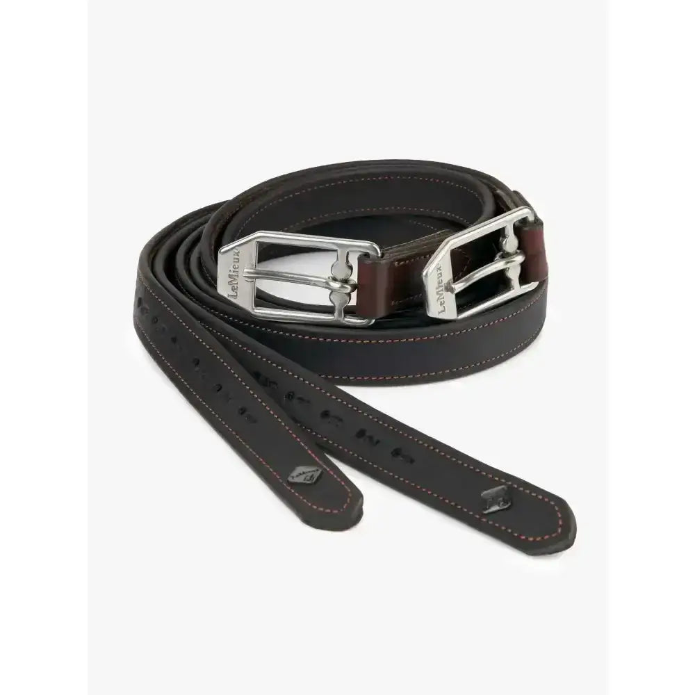 Black leather lemieux vector stirrup leather with silver buckle and contrast stitching in classic llewyn design