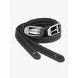 Black leather lemieux vector stirrup leather with silver buckle and white stitching for riding use