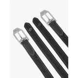 Black leather lemieux vector stirrup leather with silver buckles white stitching and lemieux logo detail