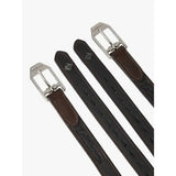 Three dark brown lemieux vector stirrup leather belts with silver buckles and brown stitching showcasing embossed patterns