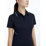 Navy blue lemieux venus performance short-sleeved polo with white trim on collar and sides performance polo navy