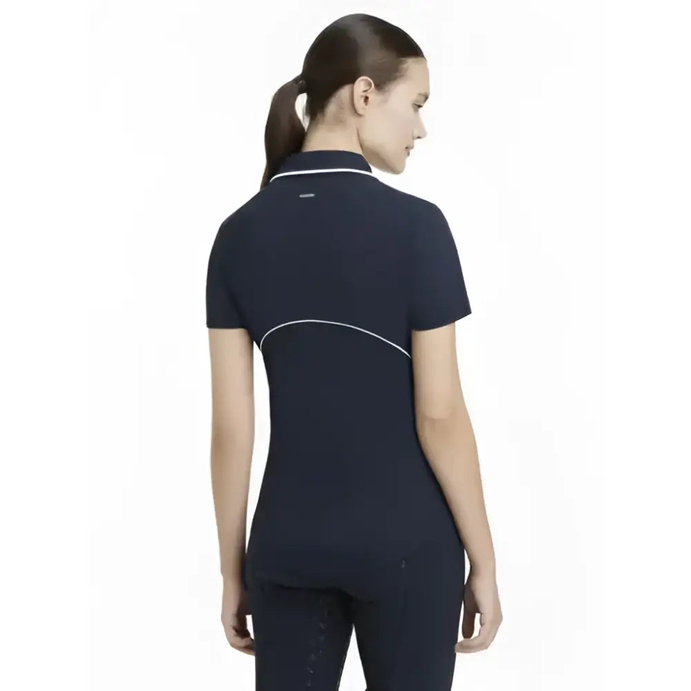 Navy blue lemieux venus performance short-sleeved polo with white trim and curved stitching detail performance polo navy