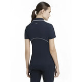 Navy blue lemieux venus performance short-sleeved polo with white trim and curved stitching detail performance polo navy