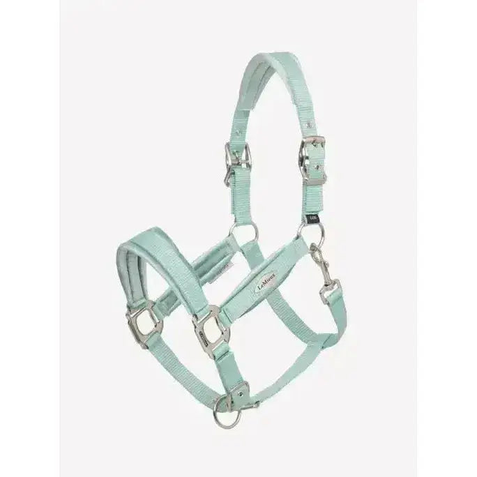 A mint green leather lemieux versailles headcollar aqua with silver hardware and adjustable poll strap