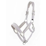 Light gray leather lemieux versailles headcollar lilac with silver metal buckles and an adjustable poll strap